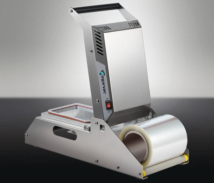 Termoselladora EGAR-150, diseñada para sellado de barquetas de tamaño pequeño, con capacidad para trabajar con diferentes materiales y proporcionar un acabado preciso y profesional